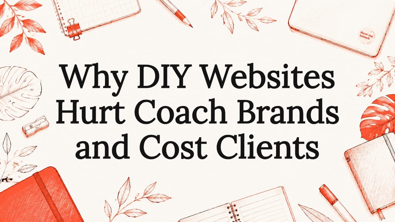 Decorative title card illustration framing the article title Why DIY Websites Hurt Coach Brands and Cost Clients