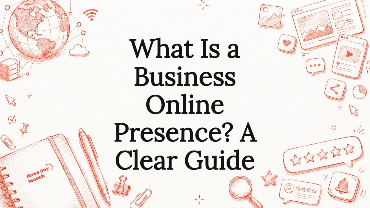 Illustrated guide cover showing what a business online presence includes: website, Google Business Profile, social media, and reviews