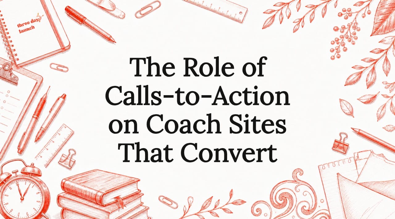 Decorative hand-drawn title card illustration of coaching tools, notebook, and botanicals representing calls-to-action on coach websites