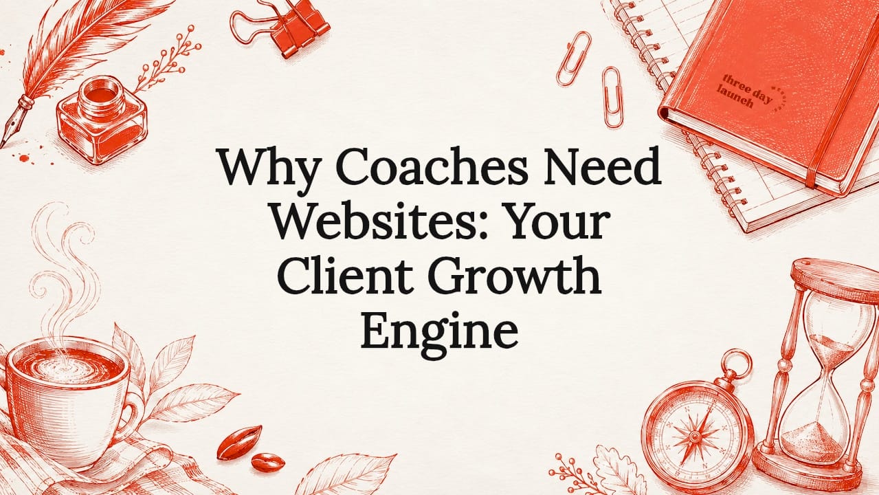 Decorative hand-drawn title card frame with vintage tools and botanicals representing a coaching website growth engine