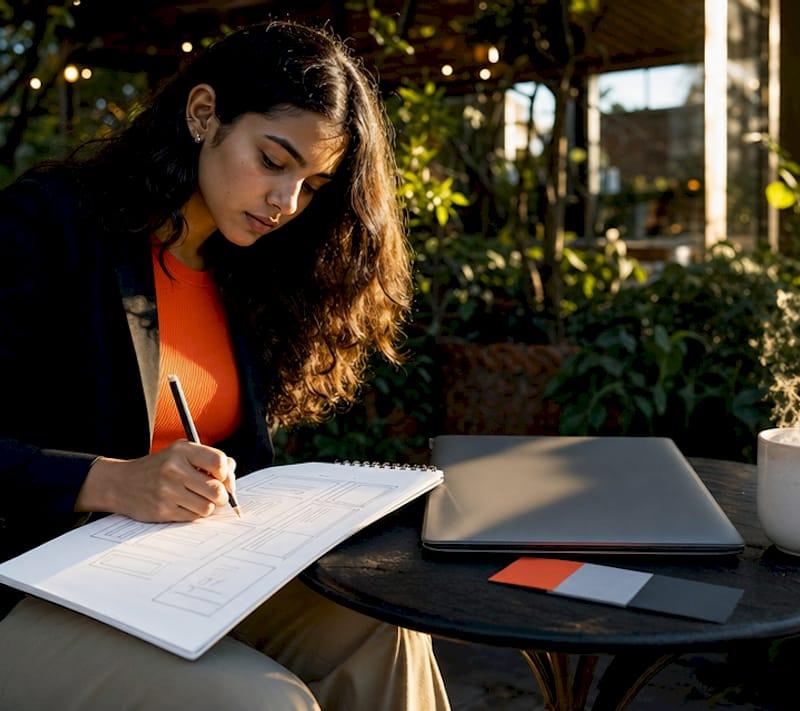 Coach and entrepreneur sketching a personal brand website wireframe at a desk with a notebook, color swatches, and laptop Coach and entrepreneur sketching a personal brand website wireframe at a desk with a notebook, color swatches, and laptop