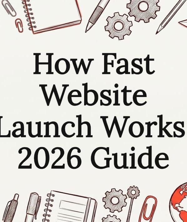 Decorative sketch of website launch icons framing the 2026 guide title card