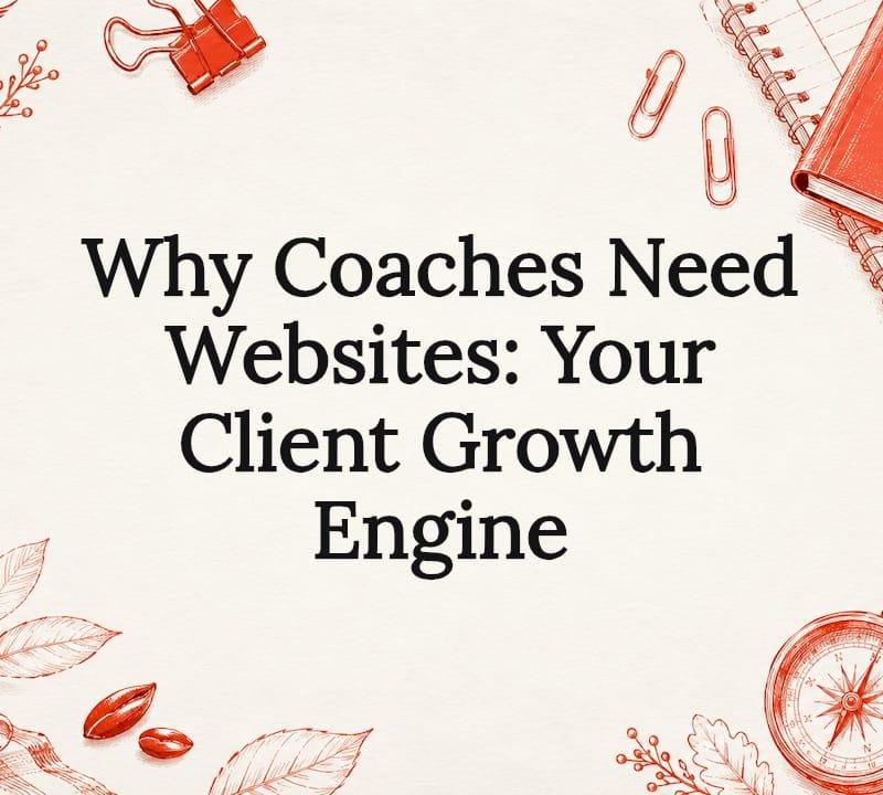 Decorative hand-drawn title card frame with vintage tools and botanicals representing a coaching website growth engine Decorative hand-drawn title card frame with vintage tools and botanicals representing a coaching website growth engine